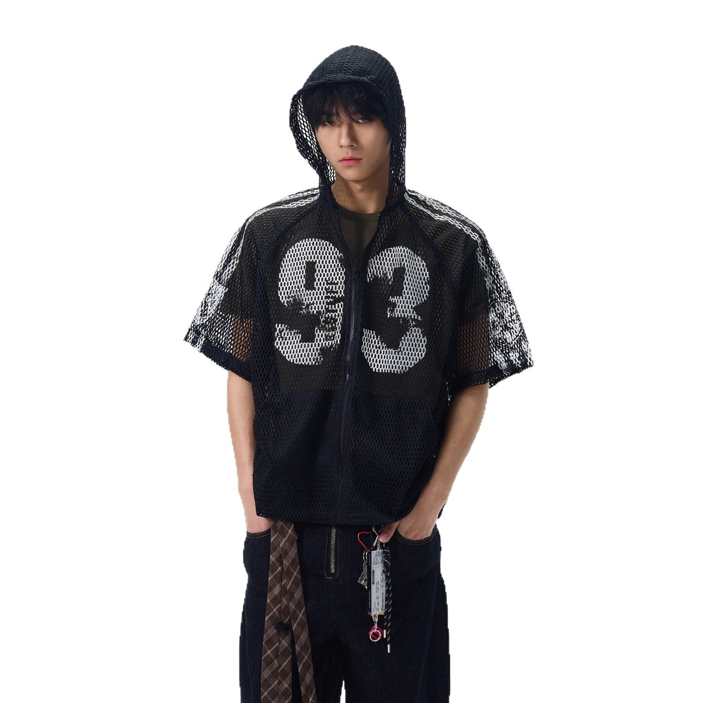 Letter-printed perforated short-sleeved shirt