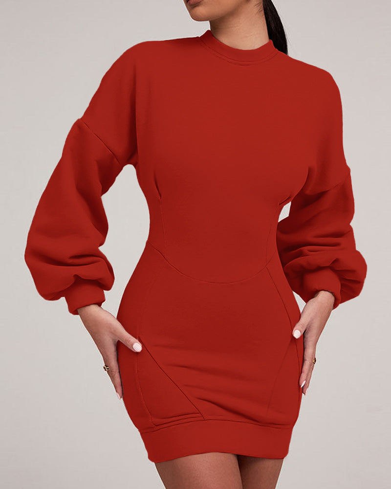 Light Gray Modified Split Butt Lift Line Design Lantern Sleeve Tight Sweatshirt Skirt