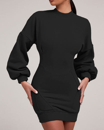 Light Gray Modified Split Butt Lift Line Design Lantern Sleeve Tight Sweatshirt Skirt