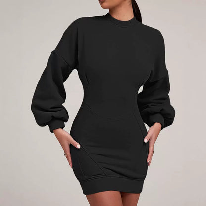Light Gray Modified Split Butt Lift Line Design Lantern Sleeve Tight Sweatshirt Skirt