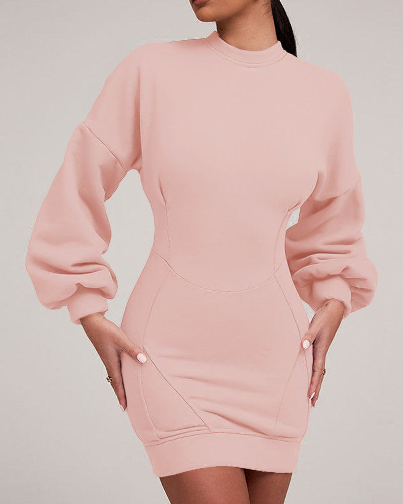 Light Gray Modified Split Butt Lift Line Design Lantern Sleeve Tight Sweatshirt Skirt