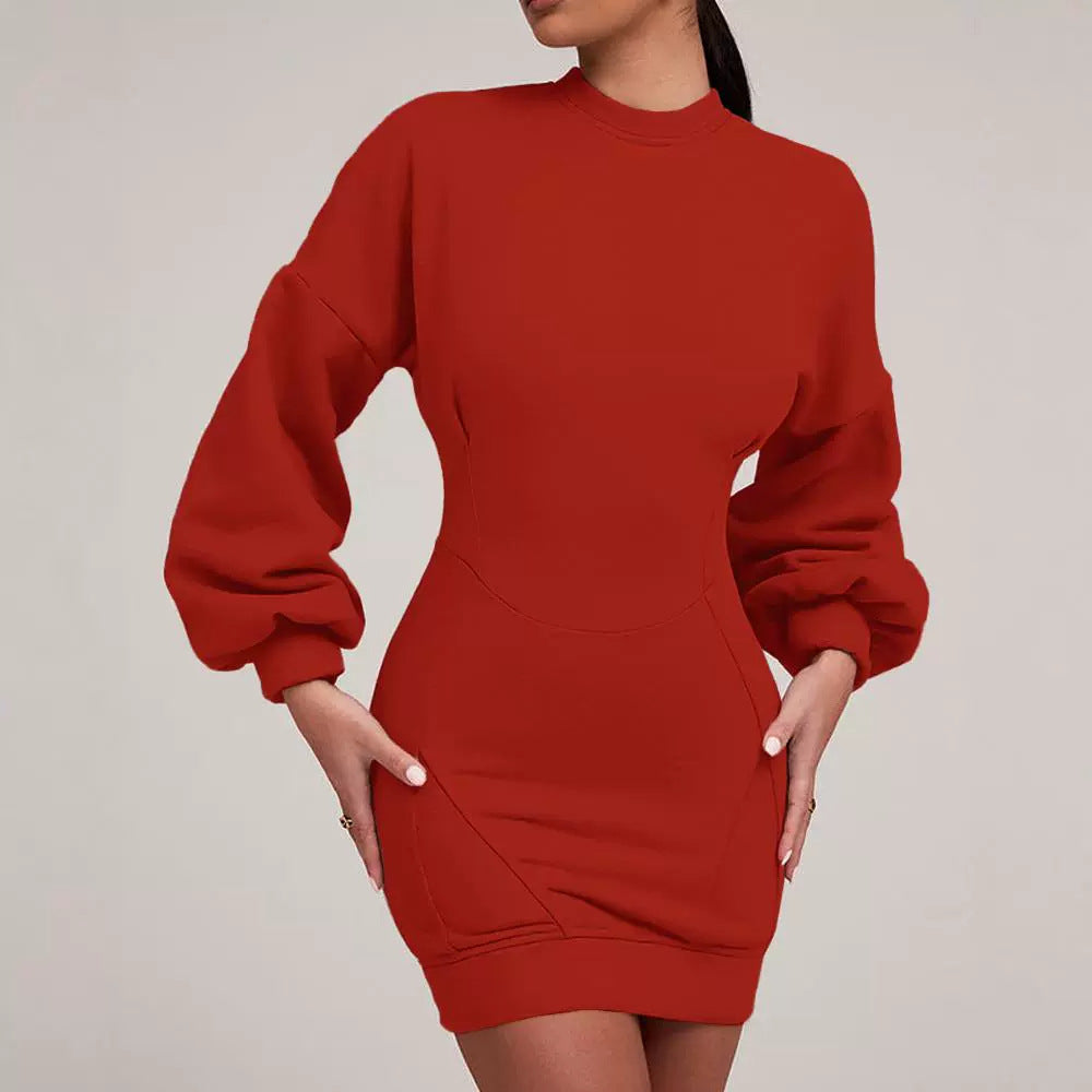Light Gray Modified Split Butt Lift Line Design Lantern Sleeve Tight Sweatshirt Skirt
