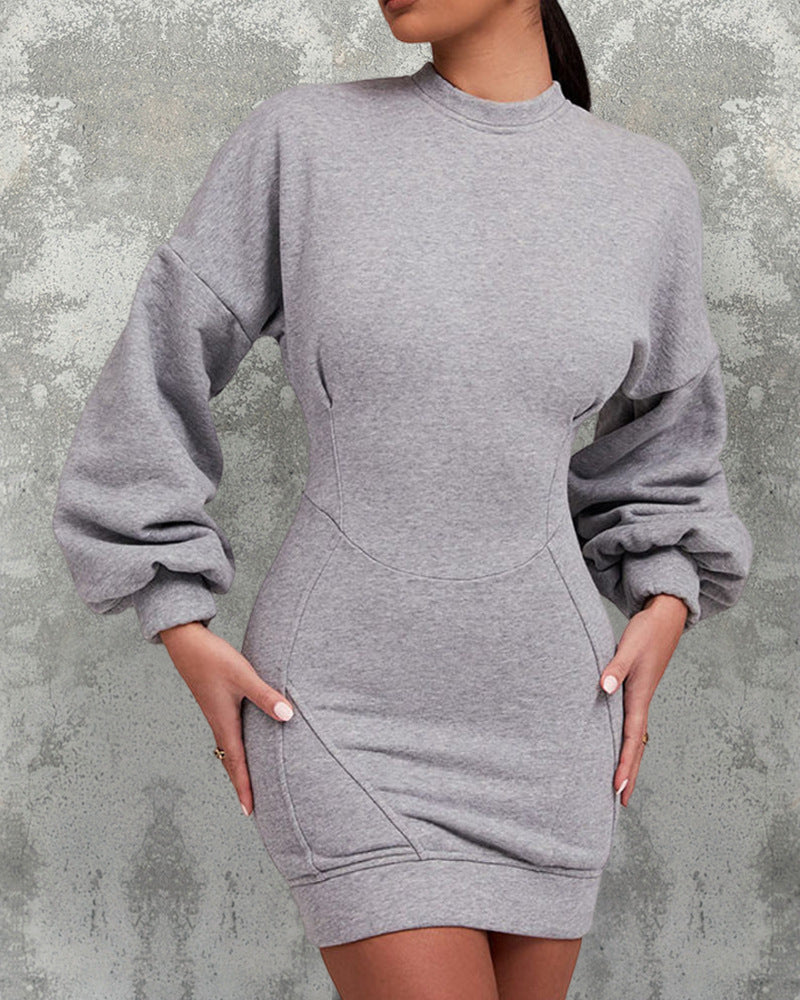 Light Gray Modified Split Butt Lift Line Design Lantern Sleeve Tight Sweatshirt Skirt