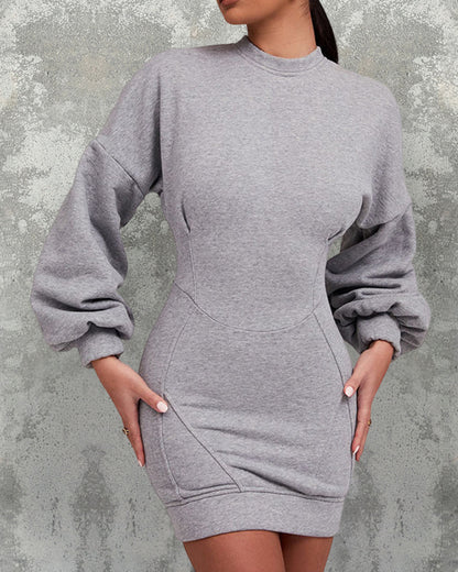 Light Gray Modified Split Butt Lift Line Design Lantern Sleeve Tight Sweatshirt Skirt