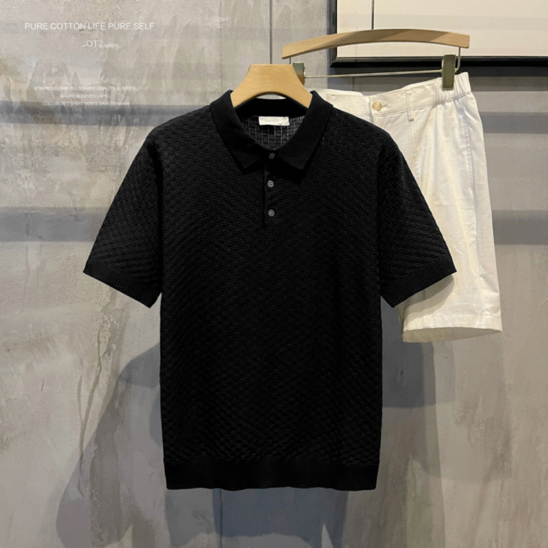 Light Luxury Plaid Fashion Ice Silk Breathable Men's Polo Shirt, High-End Casual Comfortable Turn-Down Collar Short-Sleeve T-Shirt Top for Men