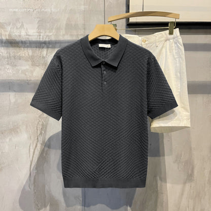 Light Luxury Plaid Fashion Ice Silk Breathable Men's Polo Shirt, High-End Casual Comfortable Turn-Down Collar Short-Sleeve T-Shirt Top for Men