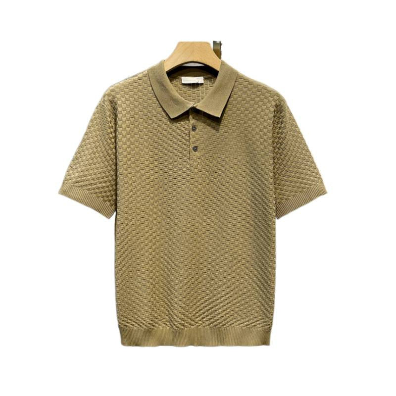 Light Luxury Plaid Fashion Ice Silk Breathable Men's Polo Shirt, High-End Casual Comfortable Turn-Down Collar Short-Sleeve T-Shirt Top for Men