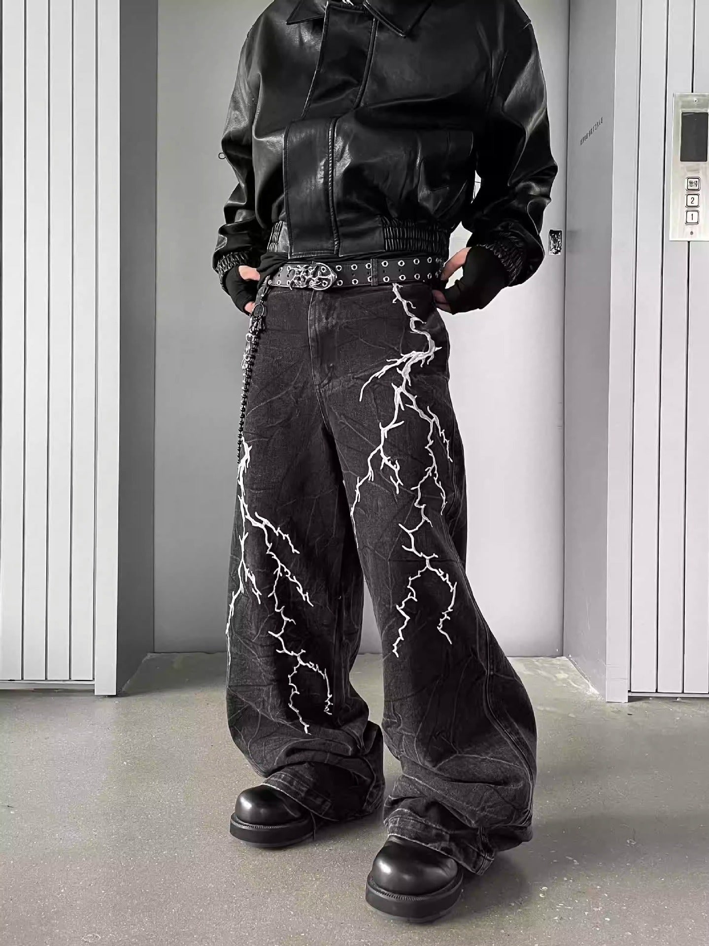Lightning Embroidery Black Jeans