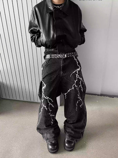 Lightning Embroidery Black Jeans