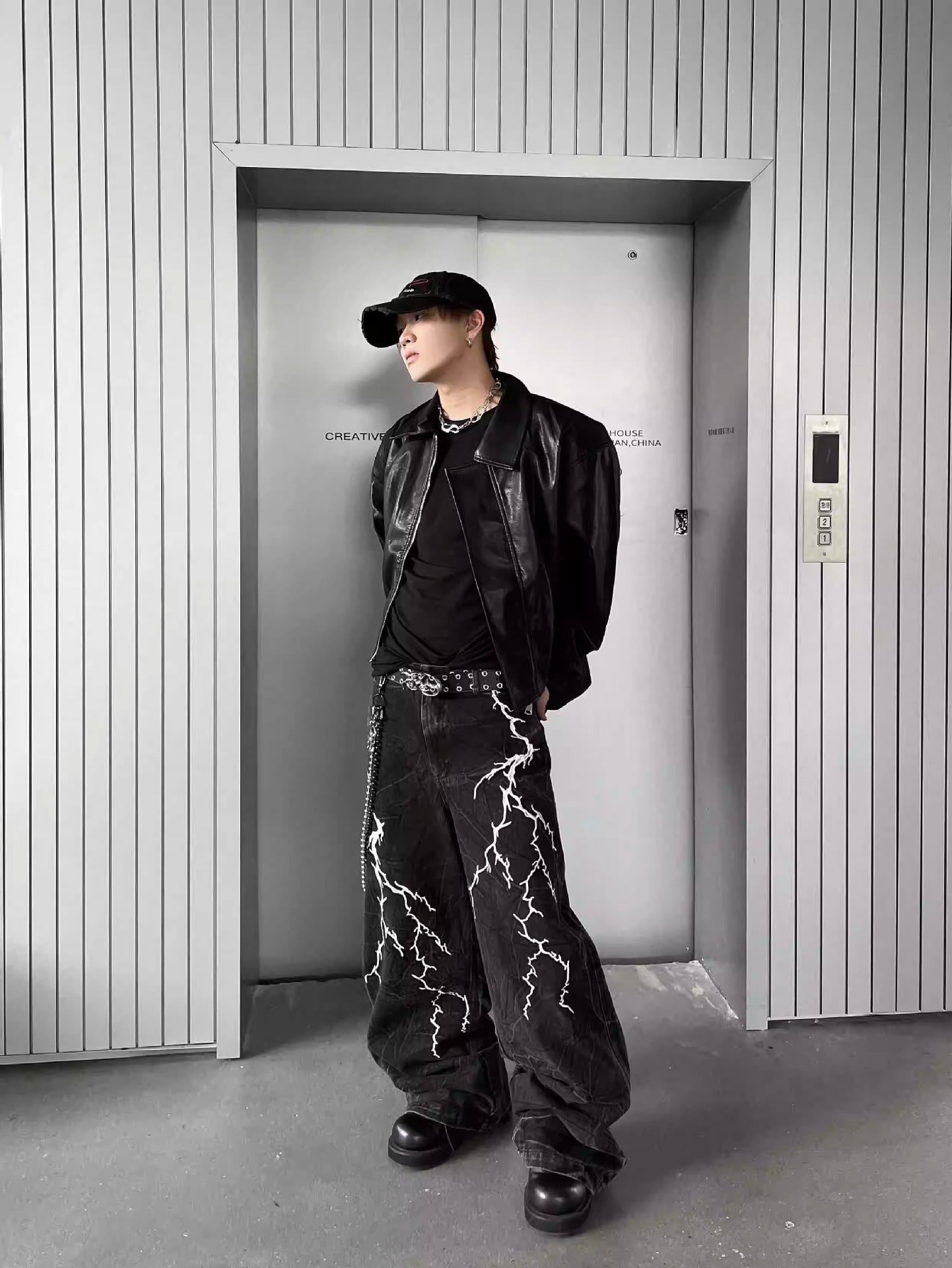 Lightning Embroidery Black Jeans