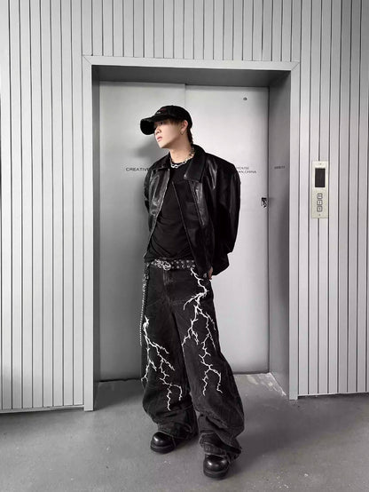 Lightning Embroidery Black Jeans