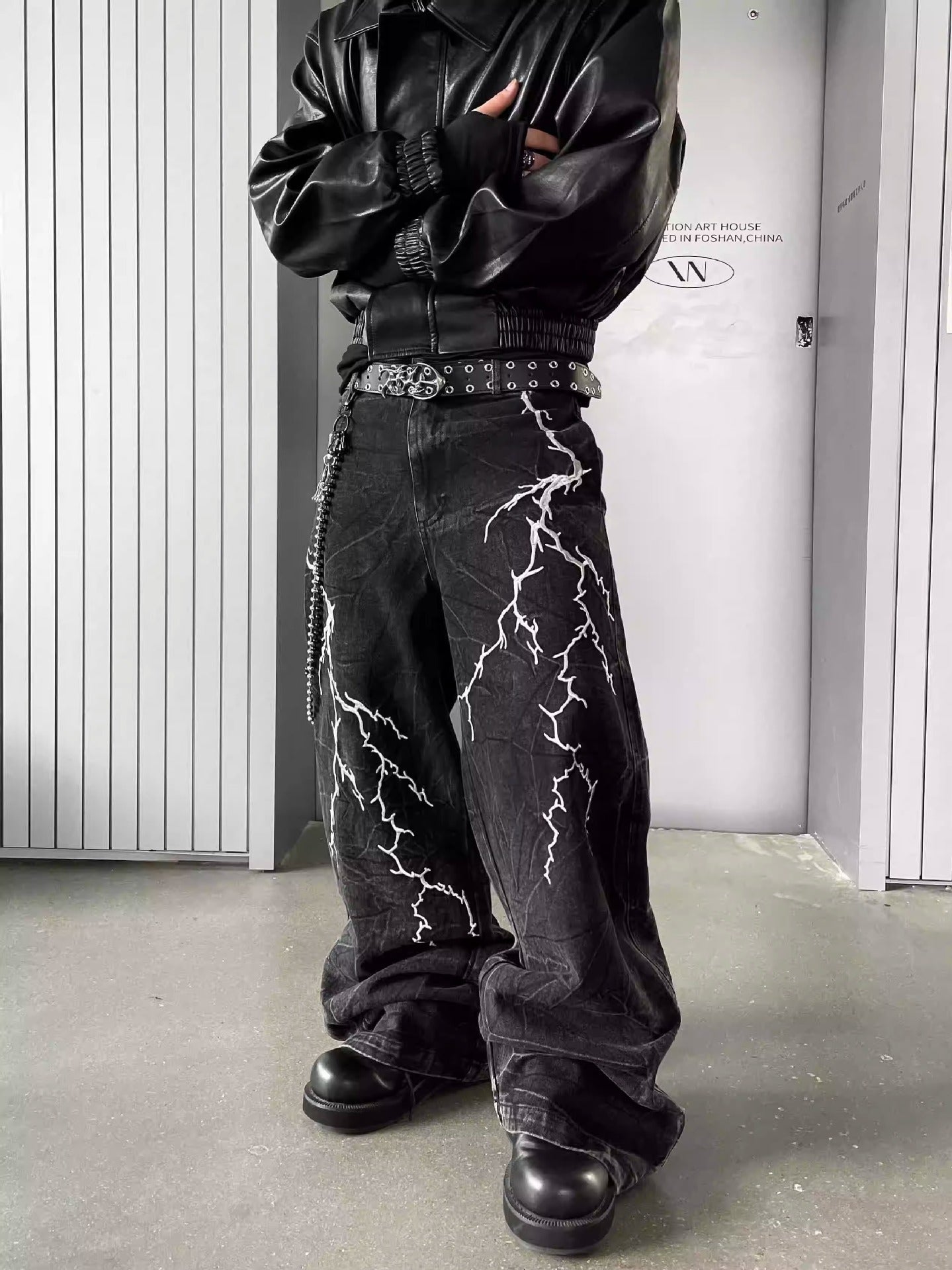 Lightning Embroidery Black Jeans
