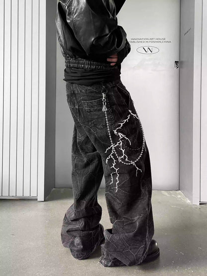 Lightning Embroidery Black Jeans