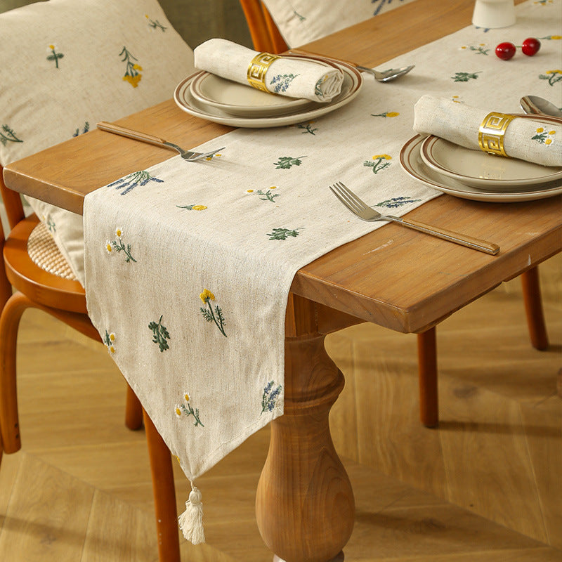 Linen Embroidery Table Flag Pastoral Style Home Decor