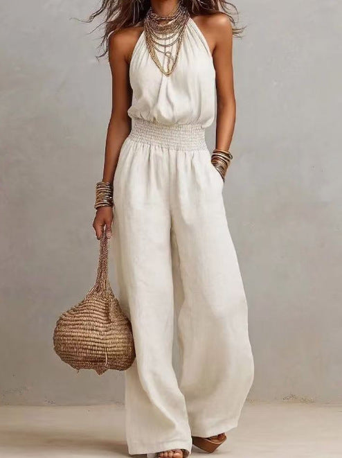 Linen European-style women's dress with backless one-piece pants