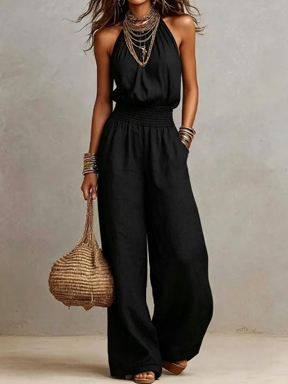 Linen European-style women's dress with backless one-piece pants