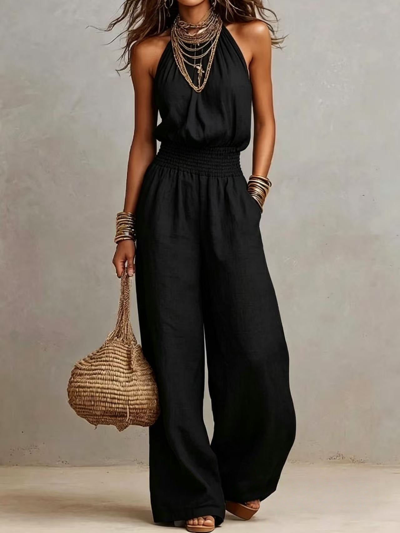 Linen European-style women's dress with backless one-piece pants