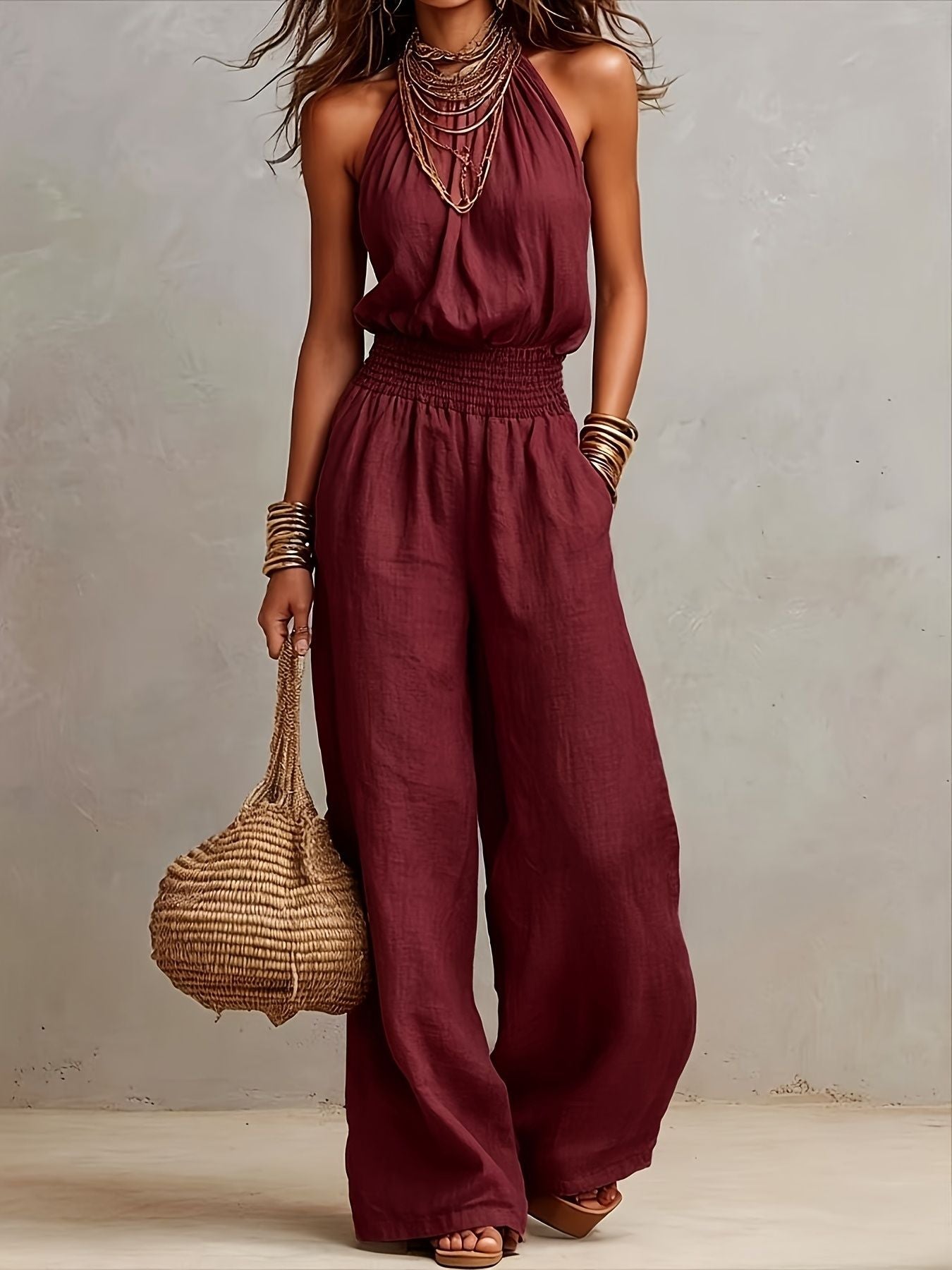 Linen European-style women's dress with backless one-piece pants