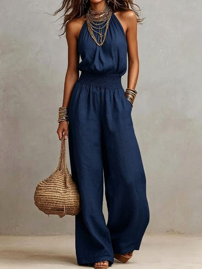 Linen European-style women's dress with backless one-piece pants