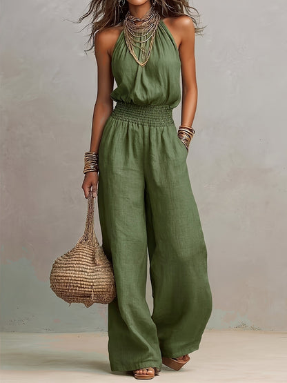 Linen European-style women's dress with backless one-piece pants