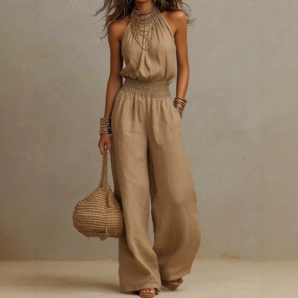 Linen European-style women's dress with backless one-piece pants