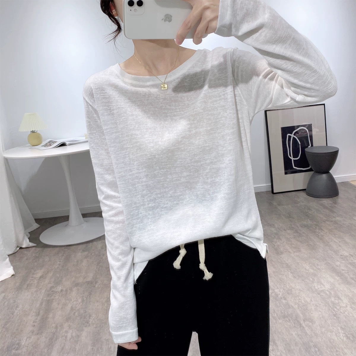 Linen Round Neck Long Sleeve Oversize T-Shirt