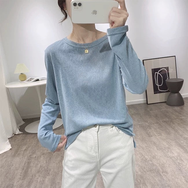 Linen Round Neck Long Sleeve Oversize T-Shirt