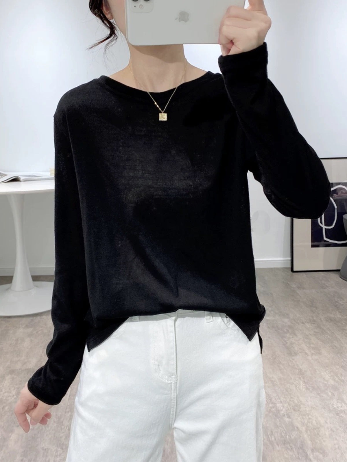Linen Round Neck Long Sleeve Oversize T-Shirt