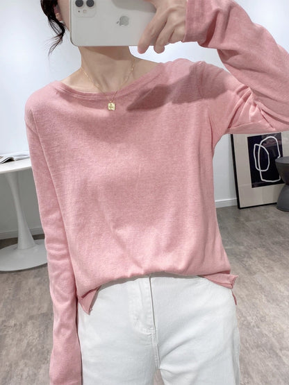 Linen Round Neck Long Sleeve Oversize T-Shirt