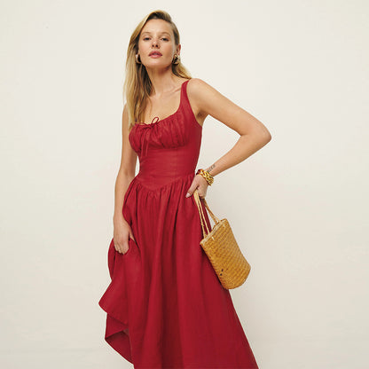 Linen Square Collar Mid-Length Dress