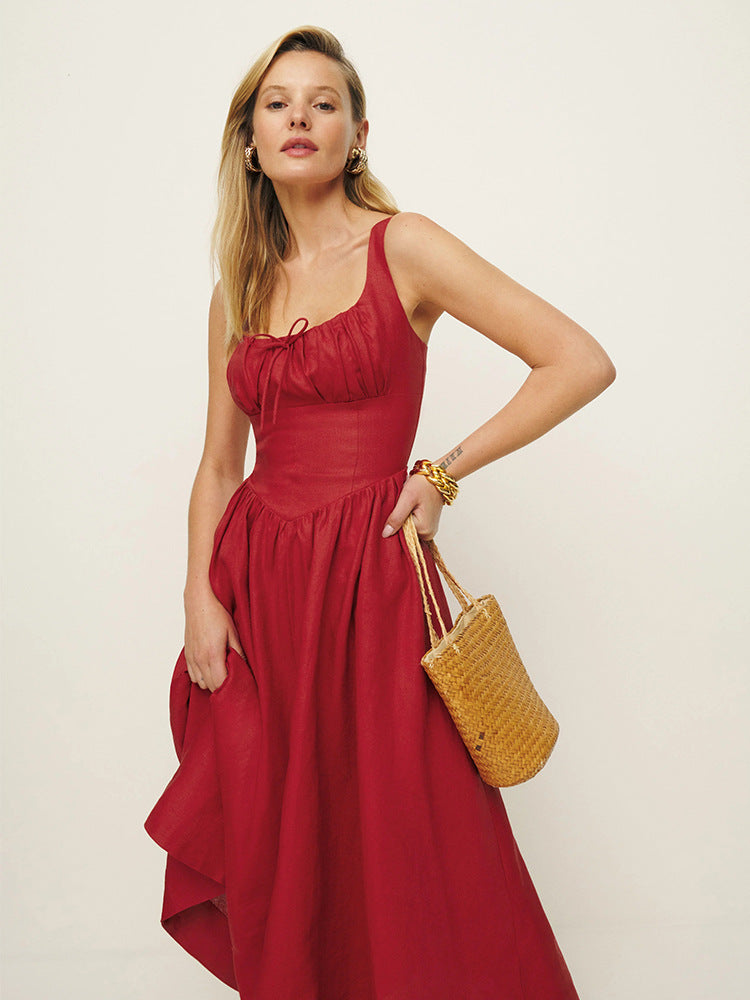 Linen Square Collar Mid-Length Dress