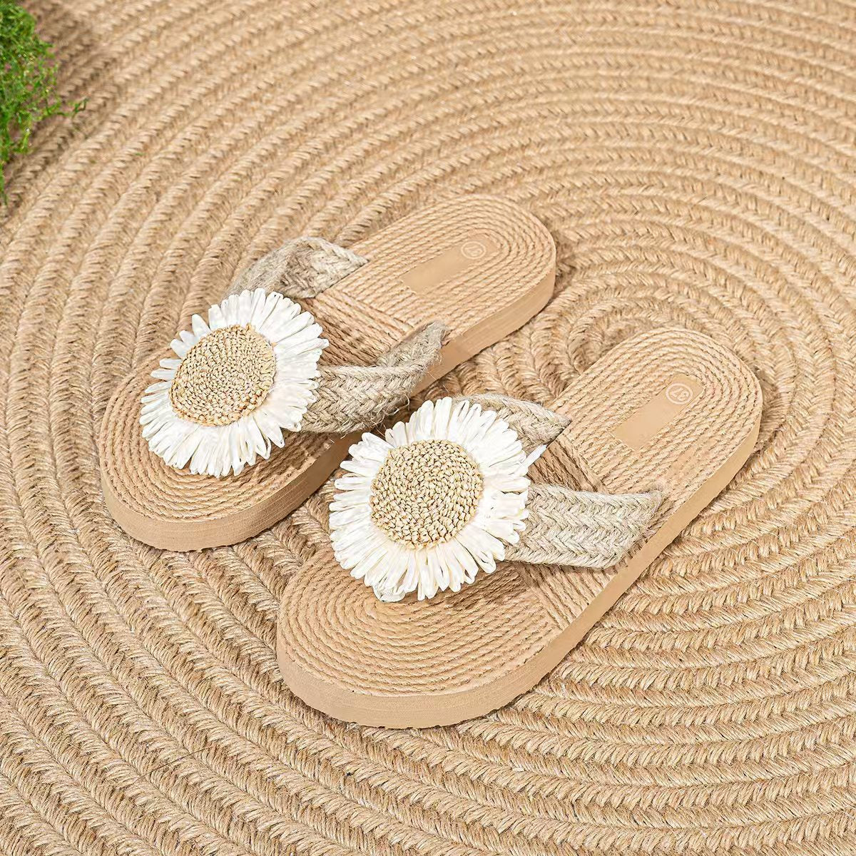 Linen Sunflower Flat Flip-Flops Casual Beach Sandals