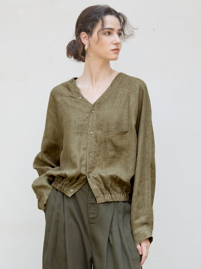 Linen V-Neck Raglan Sleeve Shirt