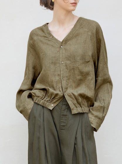 Linen V-Neck Raglan Sleeve Shirt