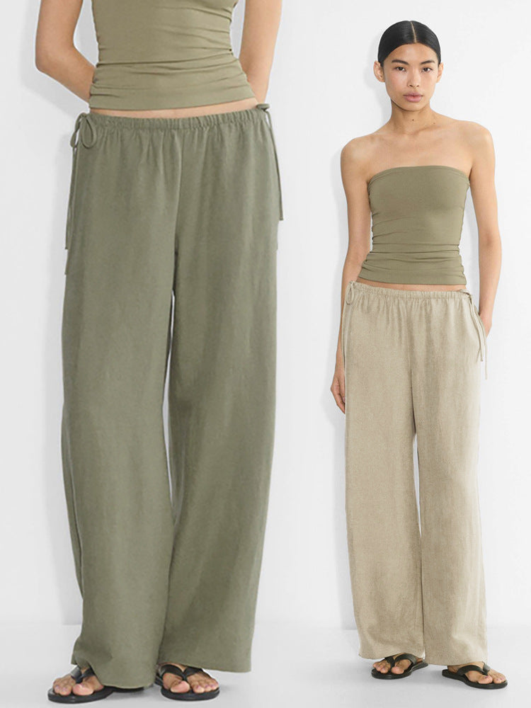 Linen Wide-Leg Pants for Women, Spring Long Pants with Elastic Waist, Drapey Linen Casual Pants, Loose Cotton-Linen Straight-Leg Pants