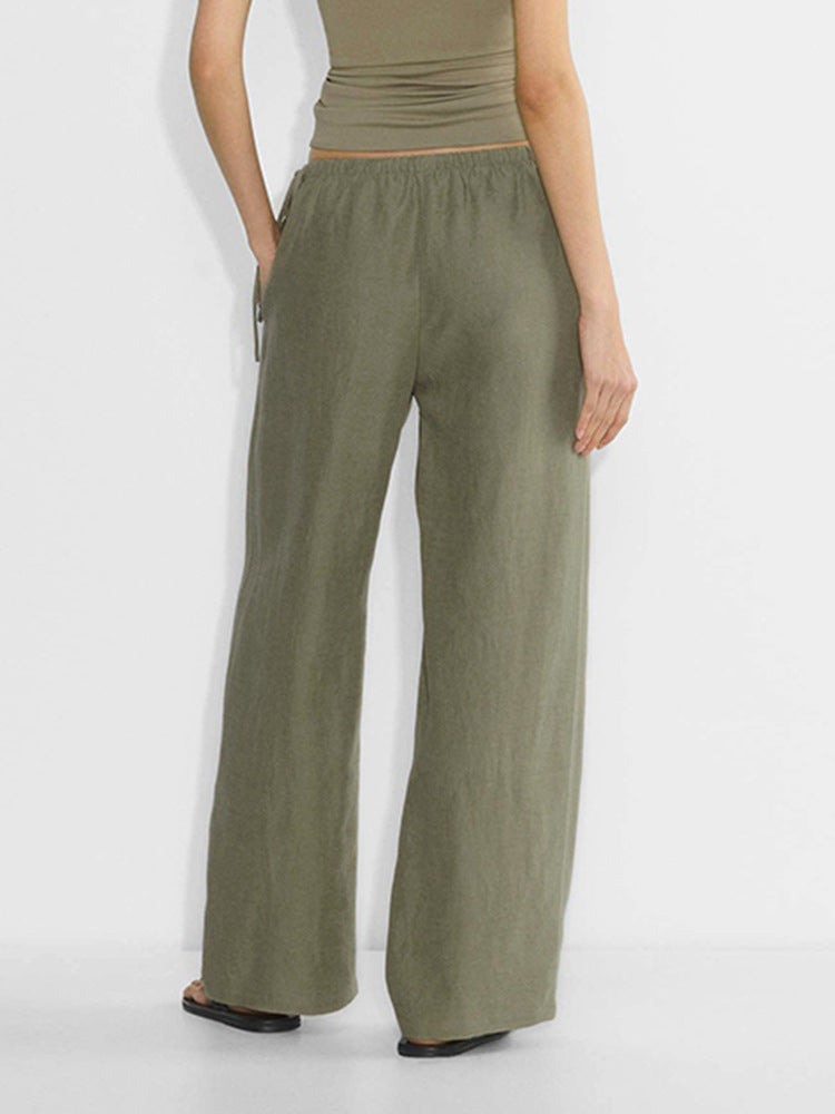 Linen Wide-Leg Pants for Women, Spring Long Pants with Elastic Waist, Drapey Linen Casual Pants, Loose Cotton-Linen Straight-Leg Pants