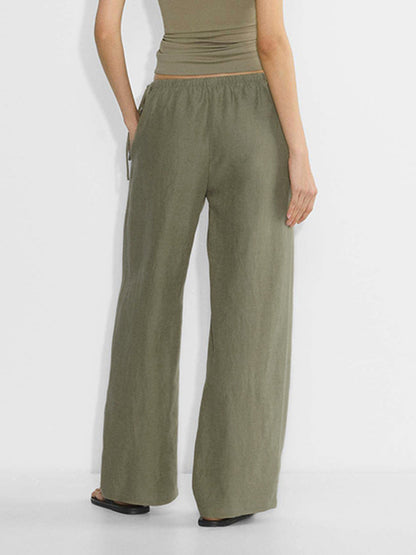 Linen Wide-Leg Pants for Women, Spring Long Pants with Elastic Waist, Drapey Linen Casual Pants, Loose Cotton-Linen Straight-Leg Pants