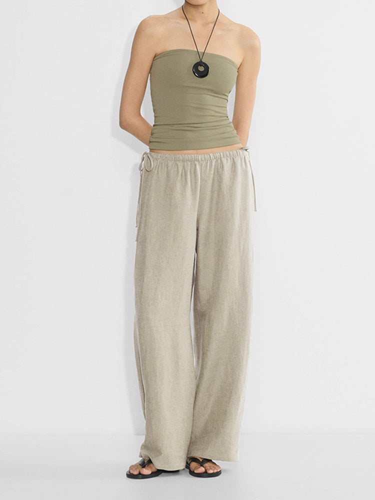 Linen Wide-Leg Pants for Women, Spring Long Pants with Elastic Waist, Drapey Linen Casual Pants, Loose Cotton-Linen Straight-Leg Pants