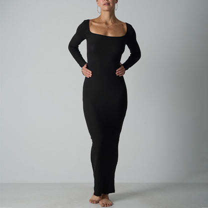 Long Dress with Ribbed Waist-Slimming Design and Built-in, Non-Slip Shoulder Straps