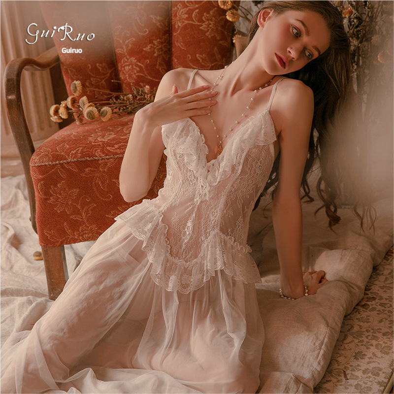 Long pajama see-through nightgown set