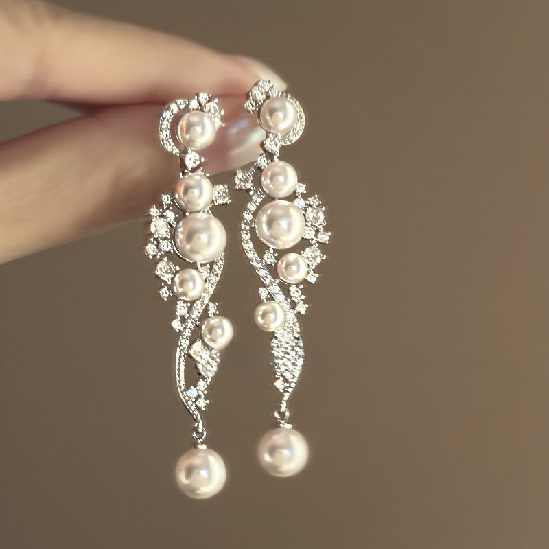 Long Pearl Zircon Earrings