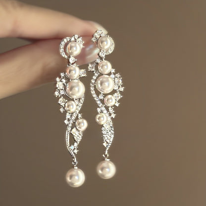 Long Pearl Zircon Earrings