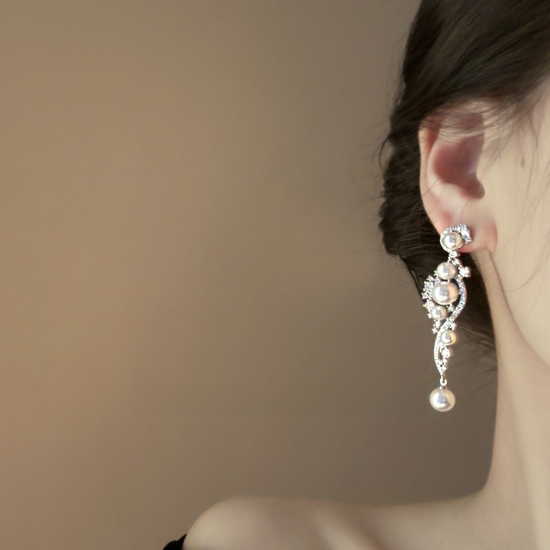 Long Pearl Zircon Earrings