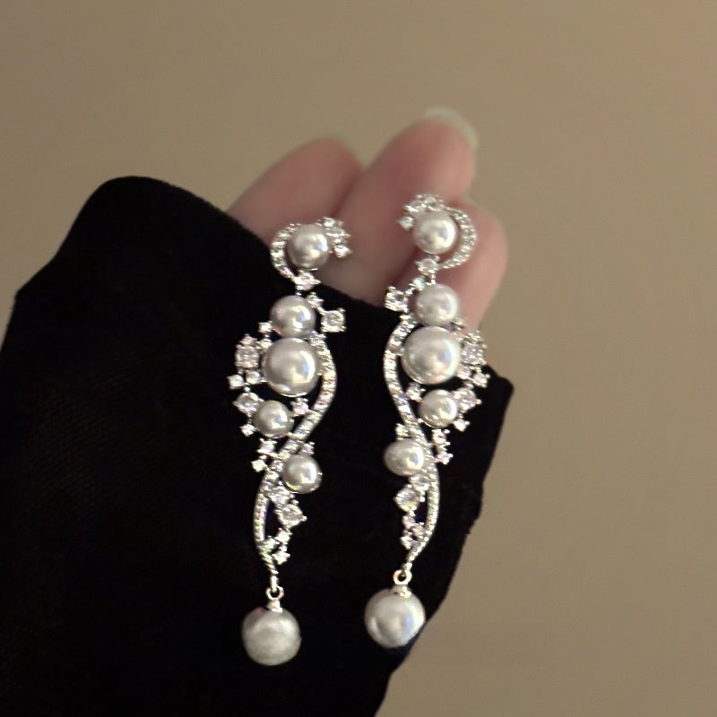 Long Pearl Zircon Earrings