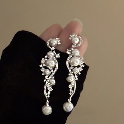 Long Pearl Zircon Earrings