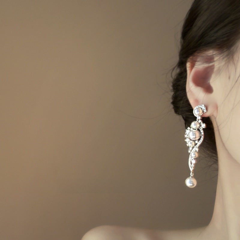 Long Pearl Zircon Earrings
