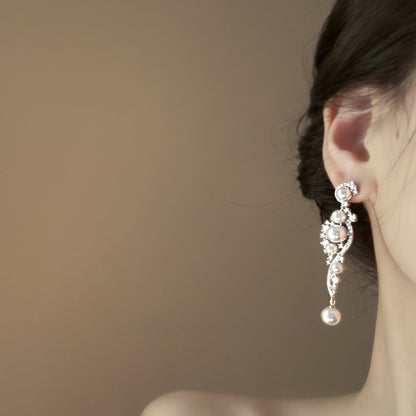 Long Pearl Zircon Earrings