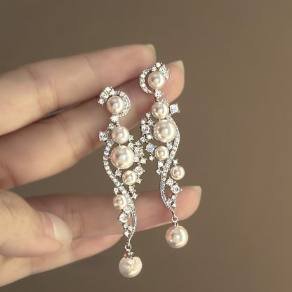 Long Pearl Zircon Earrings