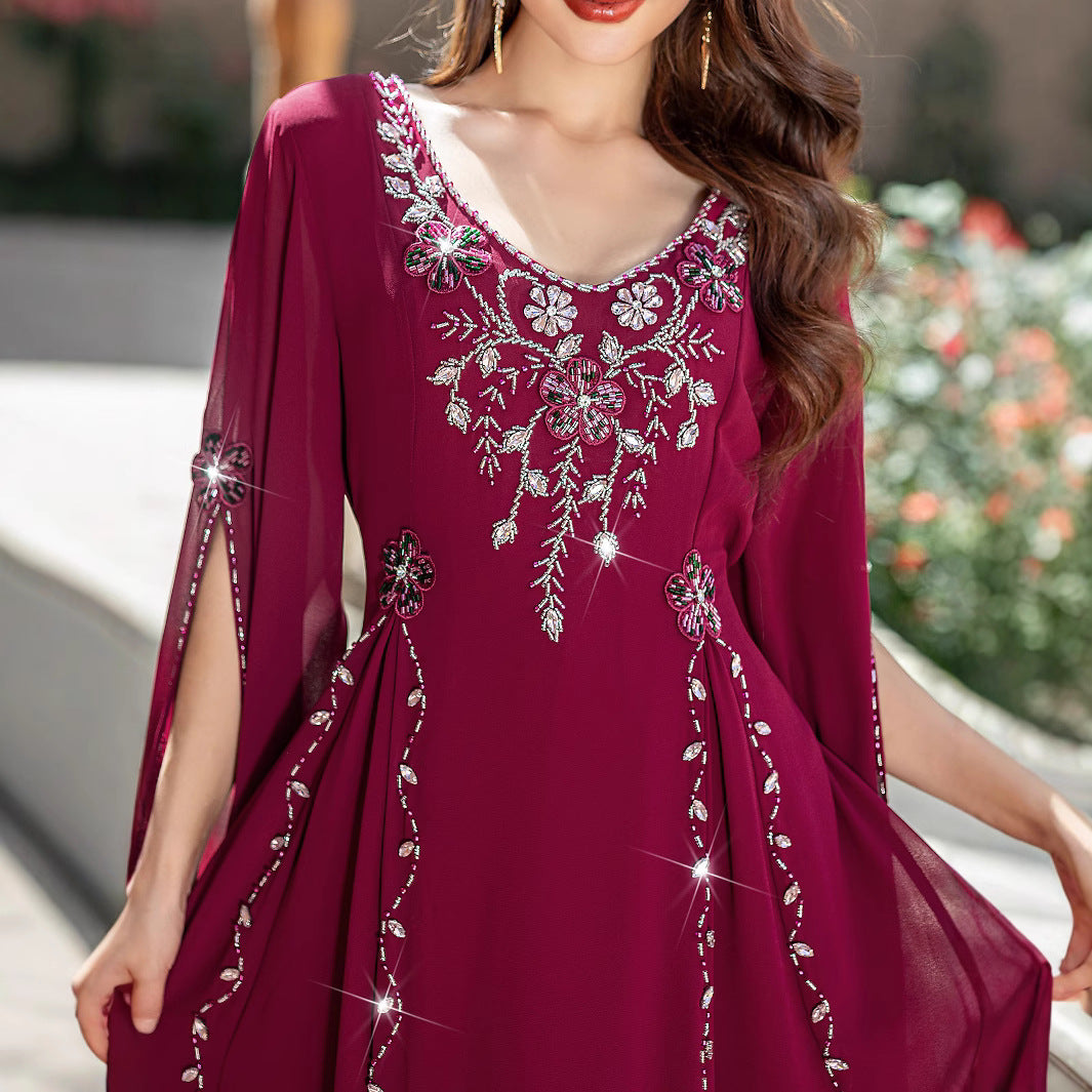 Long robe with hand-stitched sequins