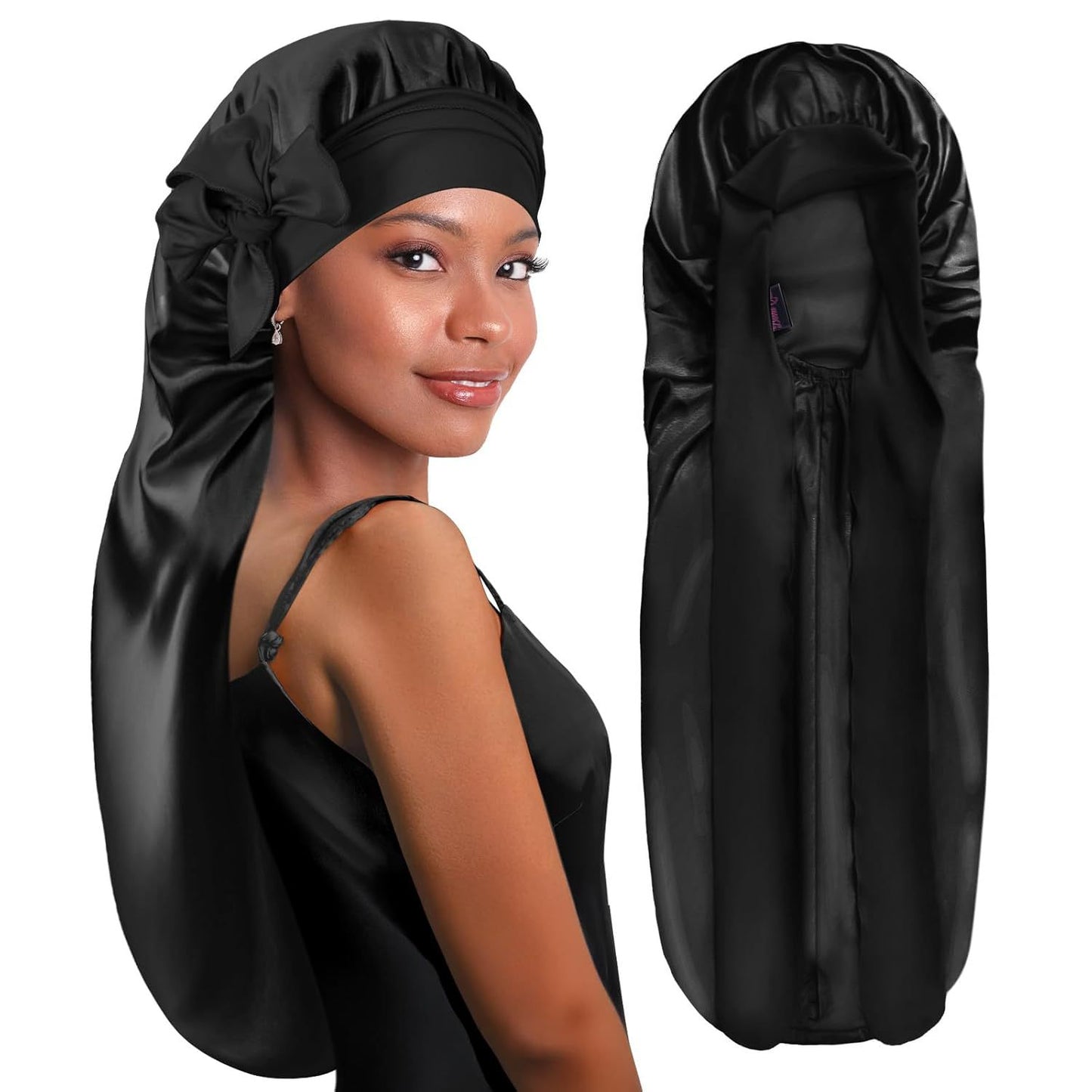 Long Satin Sleep Cap with Tie for Hair Protection